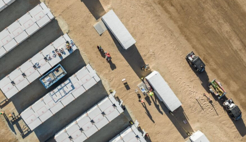 Rows of battery storage from aerial view.
