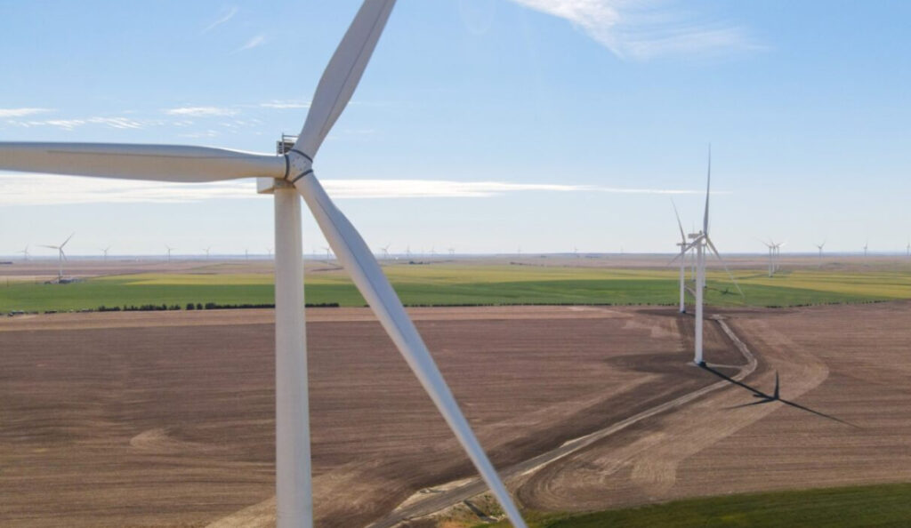 Wind turbines with blue skies